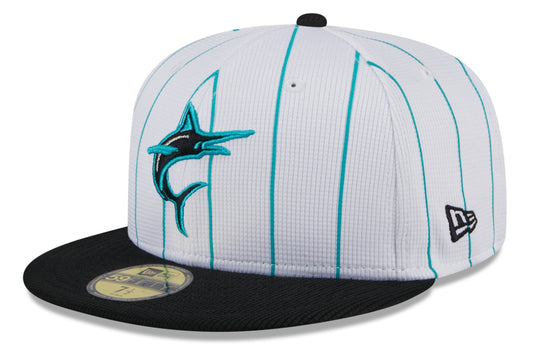 Men's Miami Marlins White 2024 Batting Practice 59FIFTY Fitted Hat Official Team Hat Sports Fan Cap Official MLB Team Hat Baseball Fan Cap
