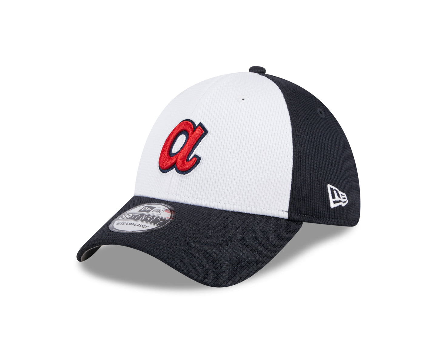 Mens New Era Atlanta Braves White/Navy 2024 Batting Practice 39Thirty Flex Fit Cap Official Team Hat Sports Fan Cap Official MLB Team Hat Baseball Fan