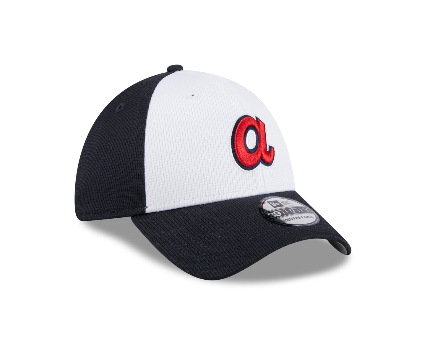 Mens New Era Atlanta Braves White/Navy 2024 Batting Practice 39Thirty Flex Fit Cap Official Team Hat Sports Fan Cap Official MLB Team Hat Baseball Fan