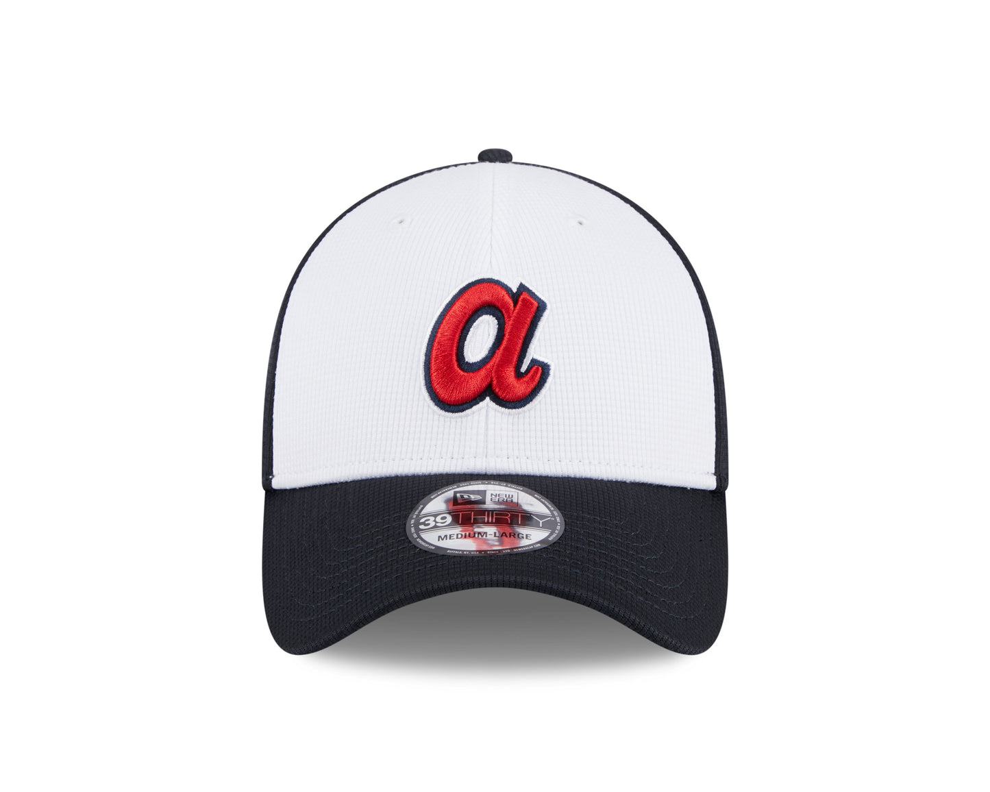 Mens New Era Atlanta Braves White/Navy 2024 Batting Practice 39Thirty Flex Fit Cap Official Team Hat Sports Fan Cap Official MLB Team Hat Baseball Fan