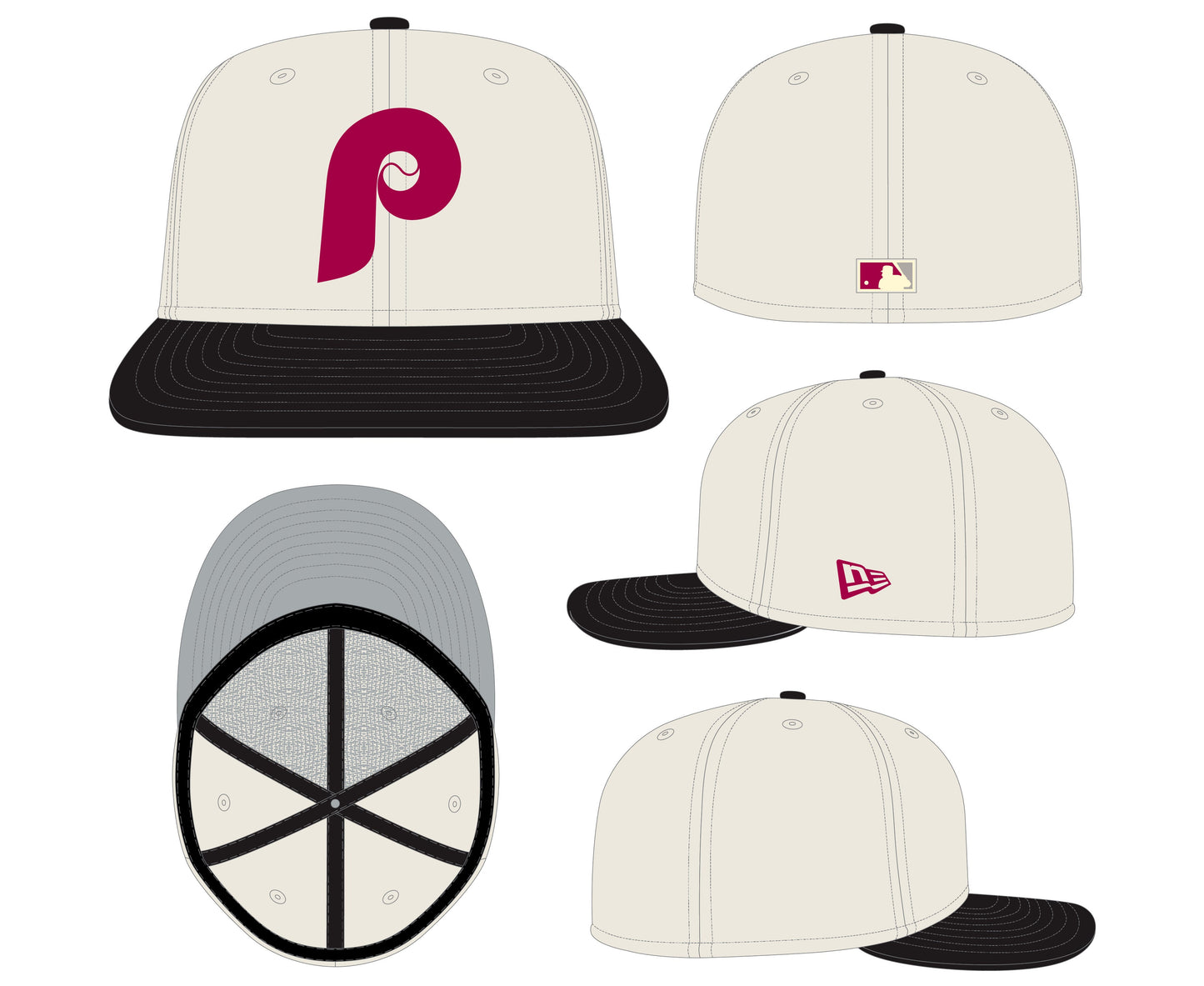Philadelphia Phillies Cooperstown Collection Cream/Black Leather Visor New Era 59FIFTY Fitted Hat Official Team Hat Sports Fan Cap Official MLB Team H