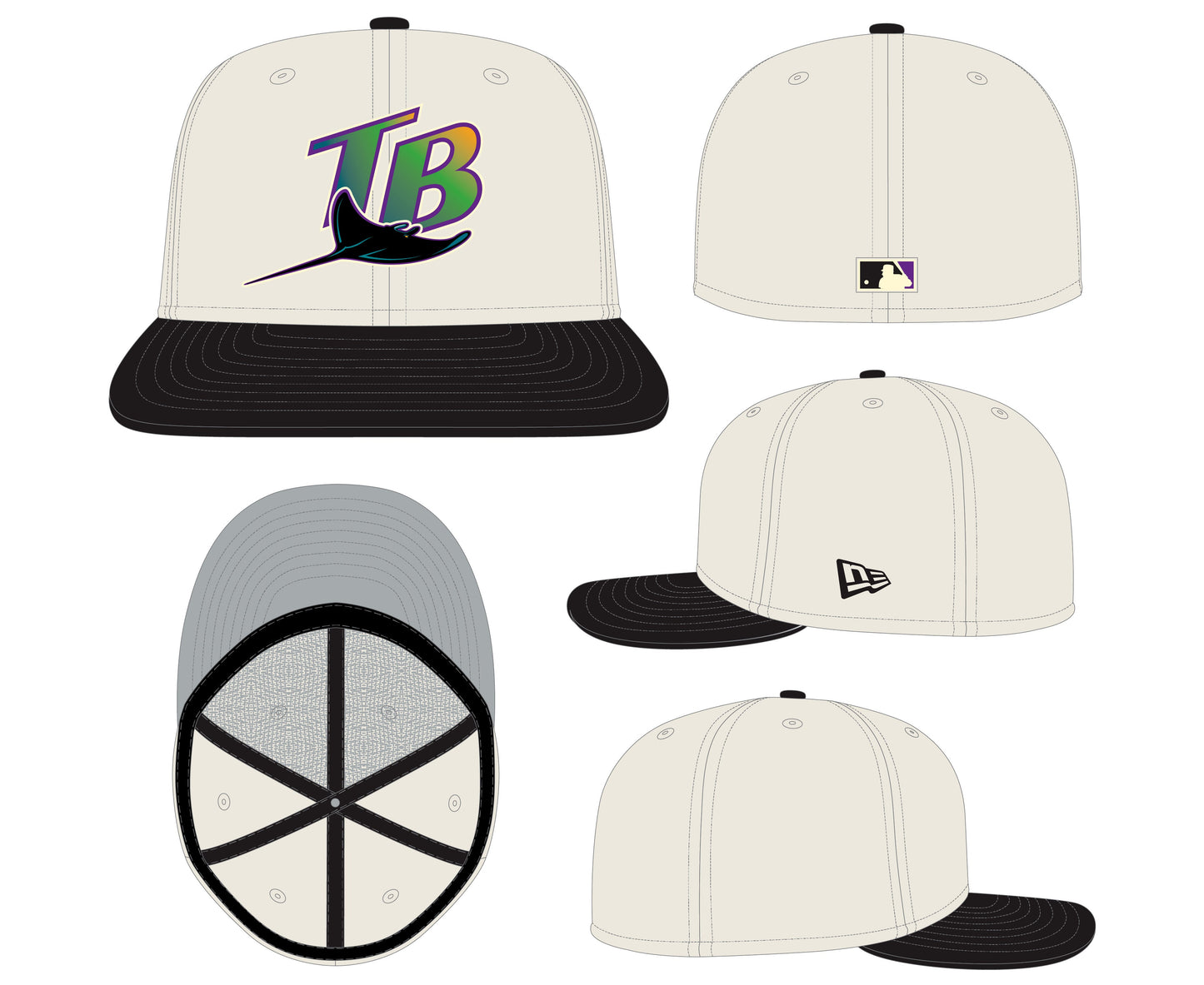 Tampa Bay Devil Rays Cooperstown Collection Cream/Black Leather Visor New Era 59FIFTY Fitted Hat Official Team Hat Sports Fan Cap Official MLB Team Ha