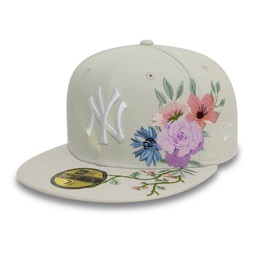 New York Yankees MLB Floral 59Fifty New Era Cream/White Official Team Hat Sports Fan Cap Official MLB Team Hat Baseball Fan Cap