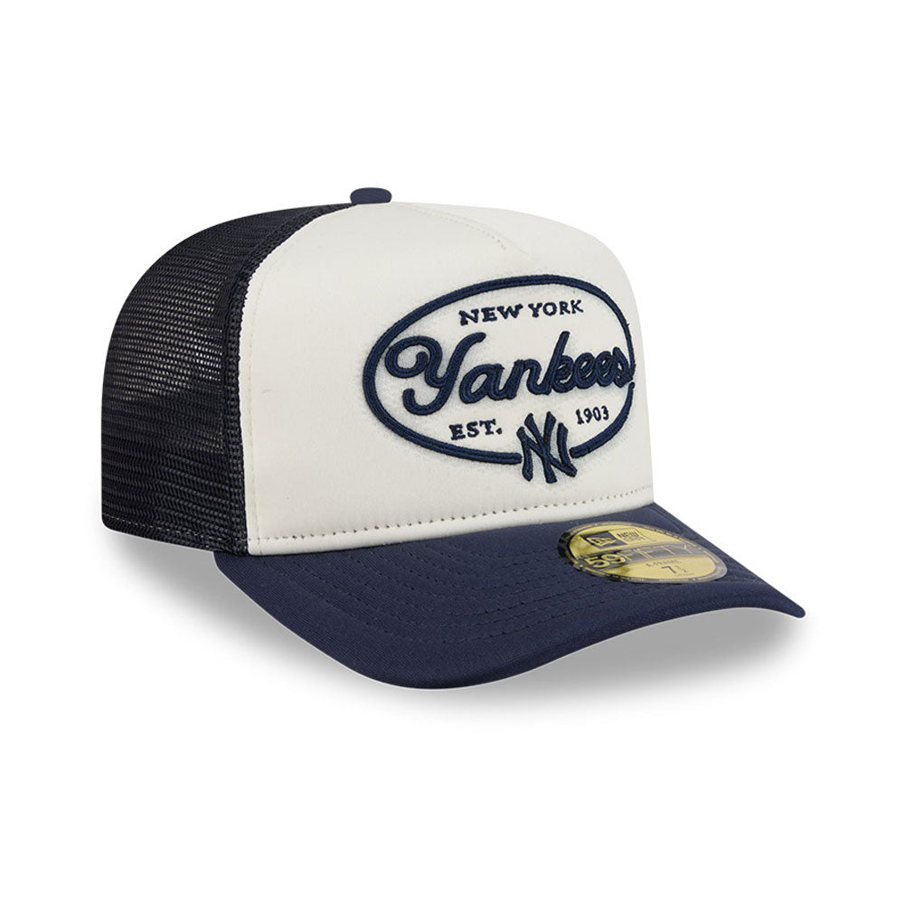 New York Yankees MLB 5950 Day Fitted Trucker A-Frame New Era White/Navy Official Team Hat Sports Fan Cap Official MLB Team Hat Baseball Fan Cap