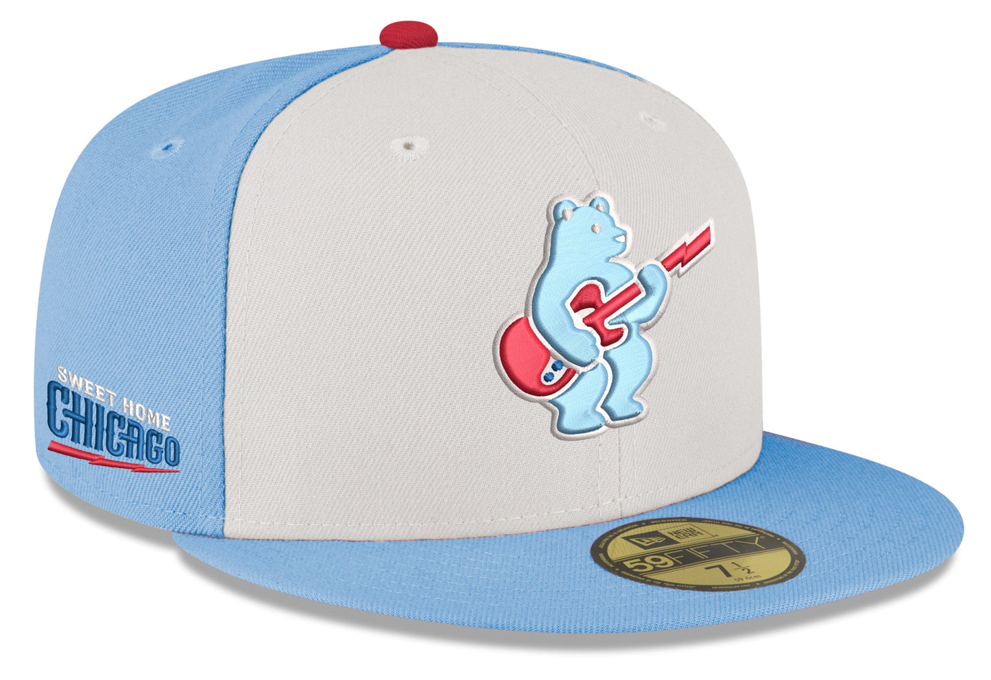 Men's Chicago Cubs New Era Chrome/ Sky Blue Guitar Bear Alternate 59FIFTY Fitted Hat Official Team Hat Sports Fan Cap Official MLB Team Hat Baseball F