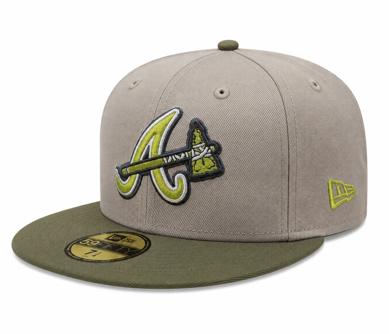 Atlanta Braves New Era 2 Tone Stone/ Green Bark Sevendust Home inspired 59FIFTY Fitted Hat Official Team Hat Sports Fan Cap Official MLB Team Hat Base