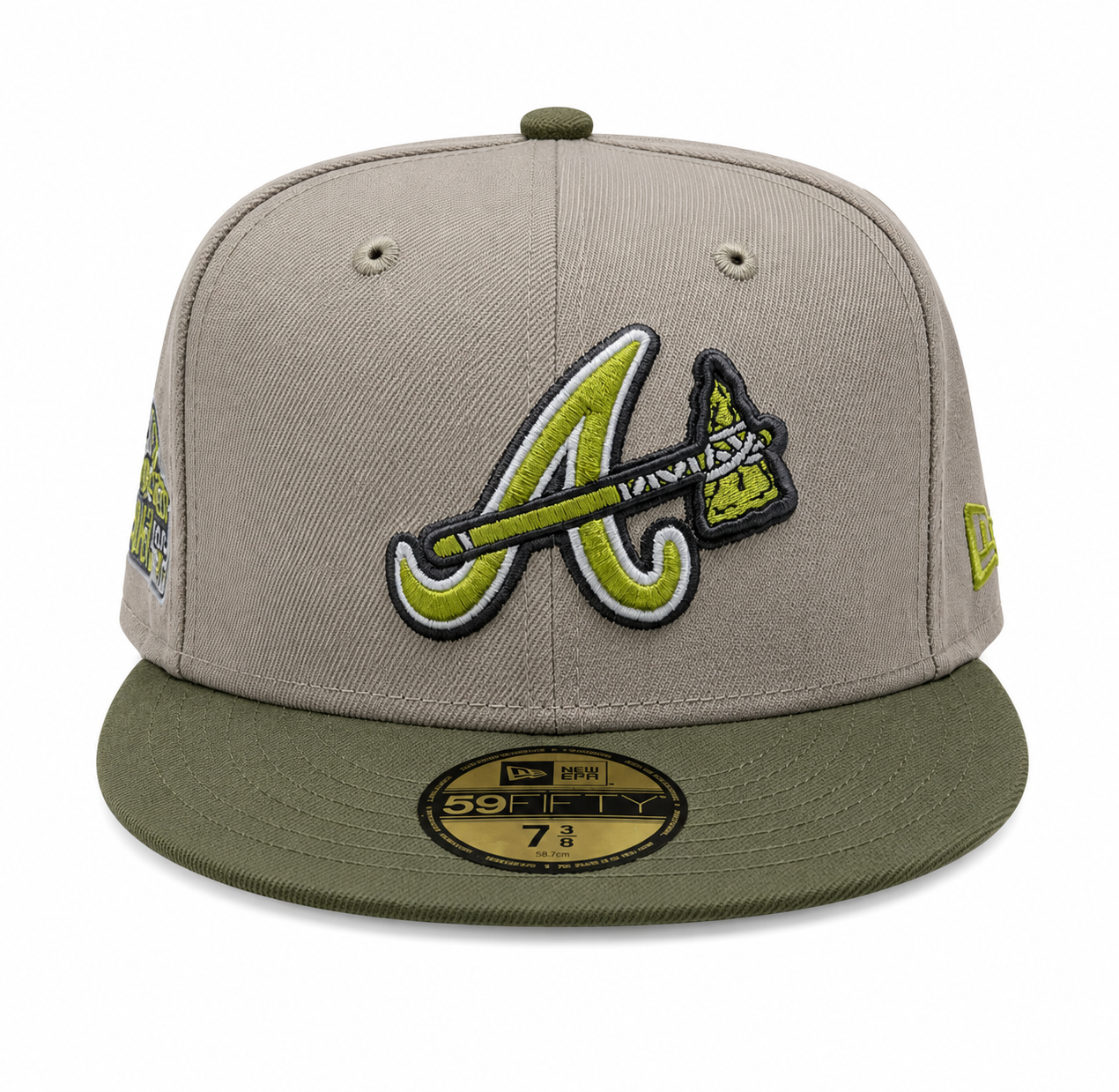 Atlanta Braves New Era 2 Tone Stone/ Green Bark Sevendust Home inspired 59FIFTY Fitted Hat Official Team Hat Sports Fan Cap Official MLB Team Hat Base