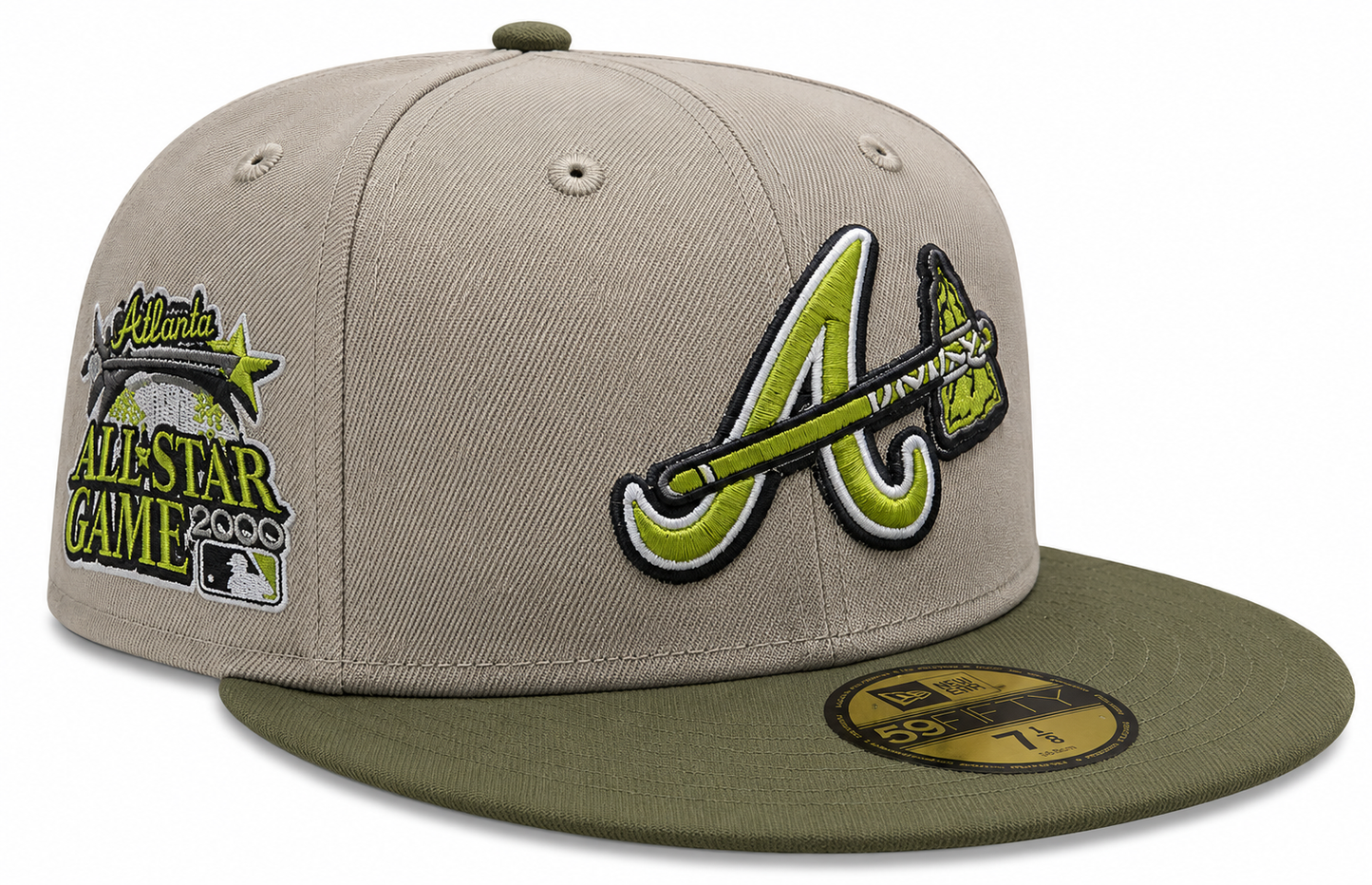 Atlanta Braves New Era 2 Tone Stone/ Green Bark Sevendust Home inspired 59FIFTY Fitted Hat Official Team Hat Sports Fan Cap Official MLB Team Hat Base