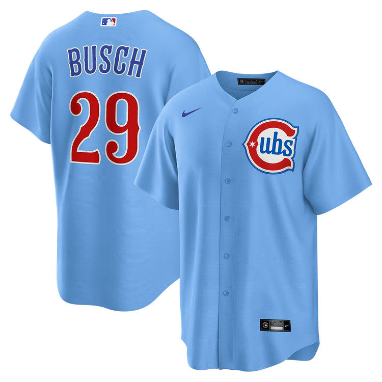 NIKE Men's Chicago Cubs Michael Busch #29 Light Blue 2nd Alternate Replica Jersey Official Team Jersey Sports Fan Apparel Official MLB Team Jersey Bas