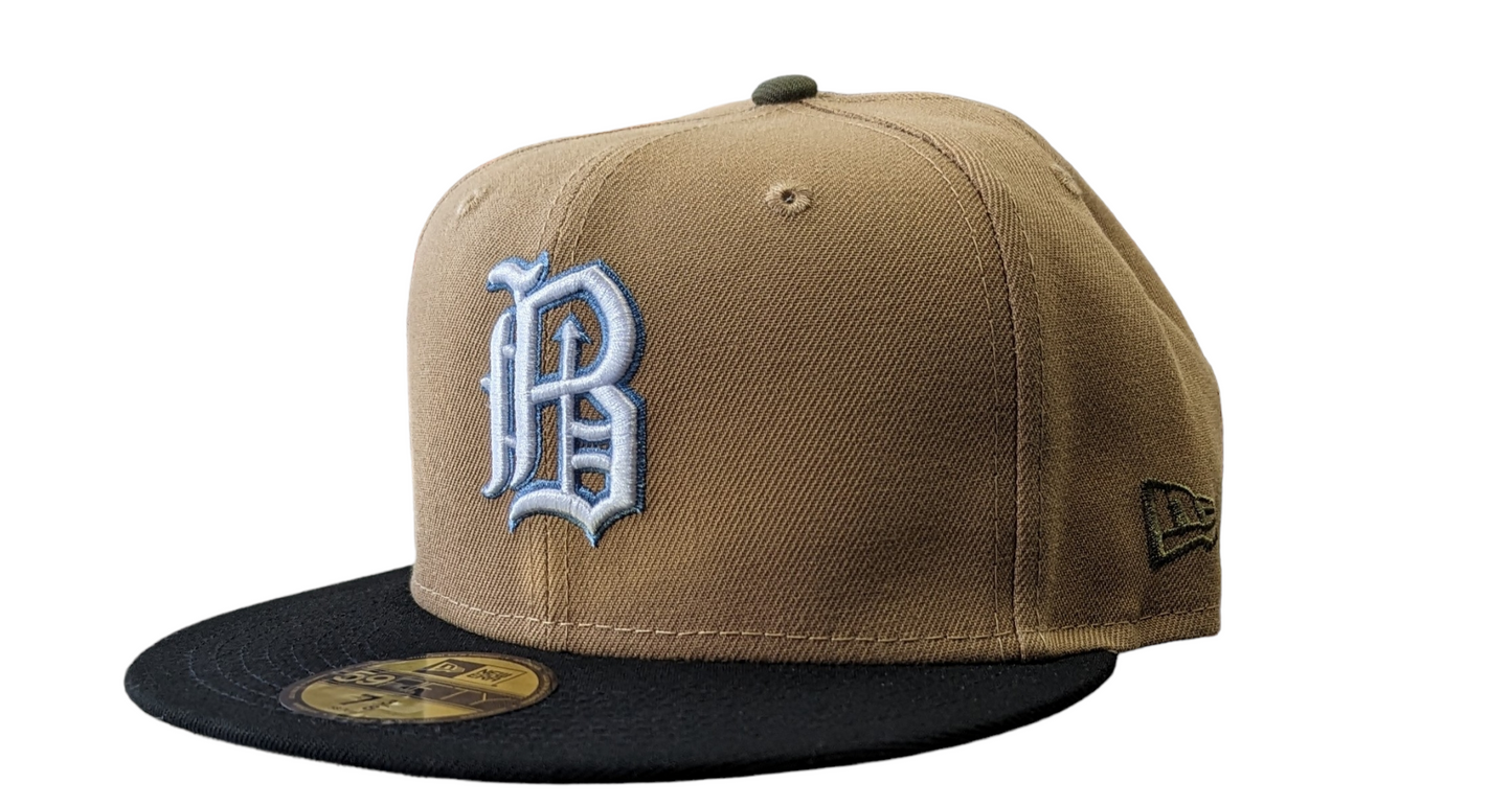Birmingham Barons "Biff" New Era Southern League Khaki/Black/Olive 59FIFTY Fitted Hat Official Team Hat Sports Fan Cap Official MLB Team Hat Baseball
