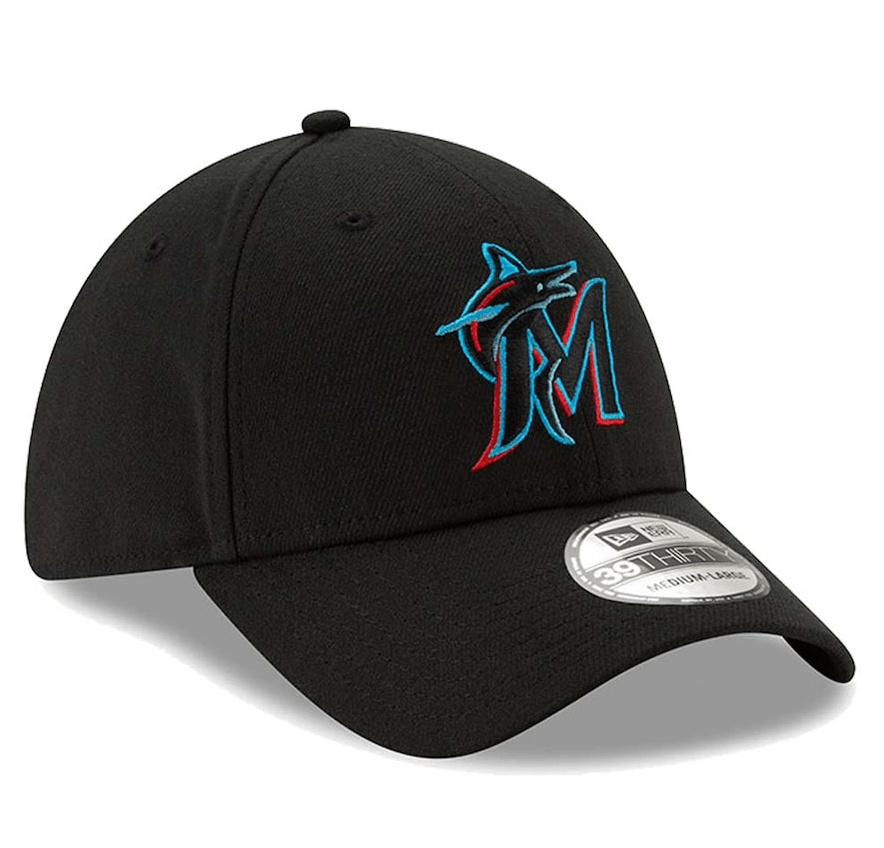 Men's Miami Marlins New Era Black Team Classic 39THIRTY Flex Hat Official Team Hat Sports Fan Cap Official MLB Team Hat Baseball Fan Cap