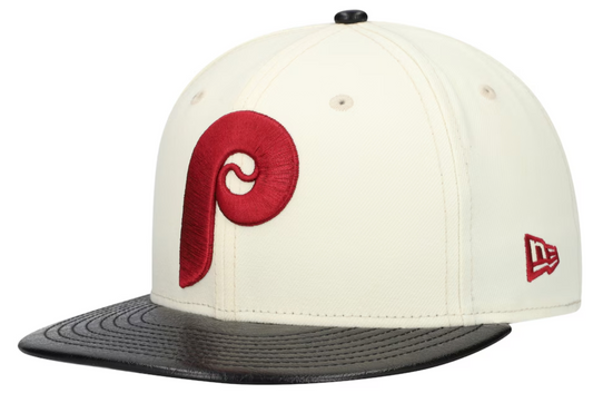 Philadelphia Phillies Cooperstown Collection Cream/Black Leather Visor New Era 59FIFTY Fitted Hat Official Team Hat Sports Fan Cap Official MLB Team H