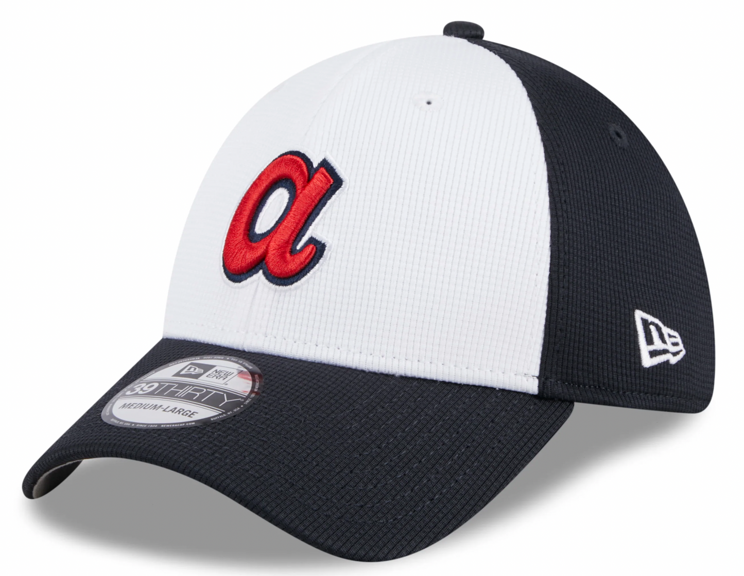 Mens New Era Atlanta Braves White/Navy 2024 Batting Practice 39Thirty Flex Fit Cap Official Team Hat Sports Fan Cap Official MLB Team Hat Baseball Fan