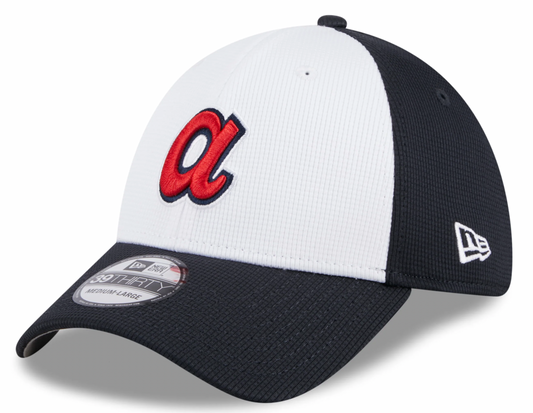 Mens New Era Atlanta Braves White/Navy 2024 Batting Practice 39Thirty Flex Fit Cap Official Team Hat Sports Fan Cap Official MLB Team Hat Baseball Fan