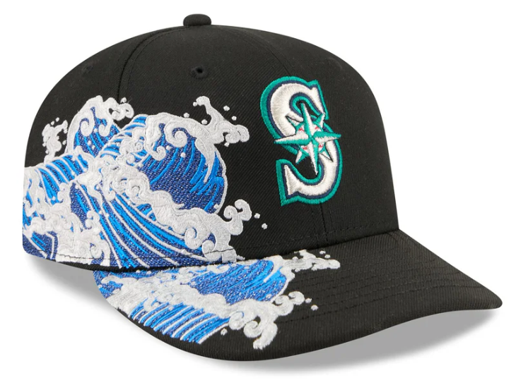 Seattle Mariners MLB Waves 59FIFTY Fitted New Era Black/White Official Team Hat Sports Fan Cap Official MLB Team Hat Baseball Fan Cap