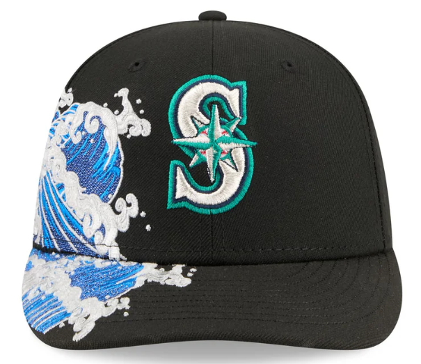 Seattle Mariners MLB Waves 59FIFTY Fitted New Era Black/White Official Team Hat Sports Fan Cap Official MLB Team Hat Baseball Fan Cap