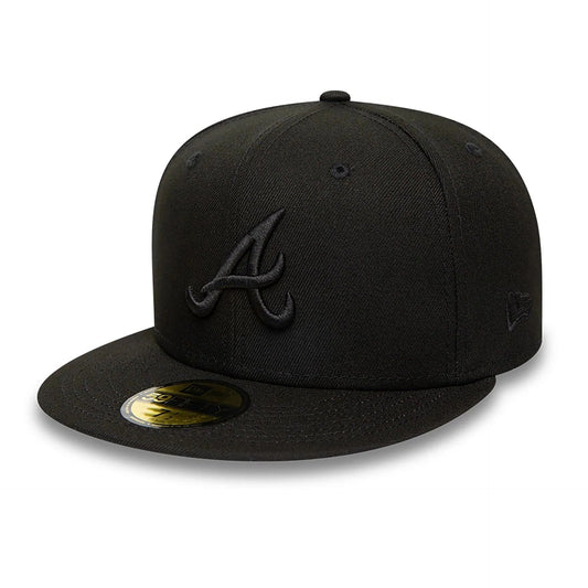 Atlanta Braves MLB League Essential 59FIFTY Fitted New Era Black/Black Official Team Hat Sports Fan Cap Official MLB Team Hat Baseball Fan Cap