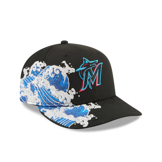 Miami Marlins MLB Waves 59FIFTY Fitted New Era Black/White Official Team Hat Sports Fan Cap Official MLB Team Hat Baseball Fan Cap