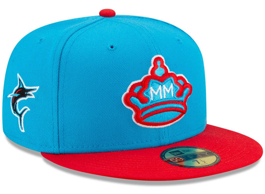 Men's Miami Marlins New Era Blue/Red 2021 City Connect 59FIFTY Fitted Hat Official Team Hat Sports Fan Cap Official MLB Team Hat Baseball Fan Cap